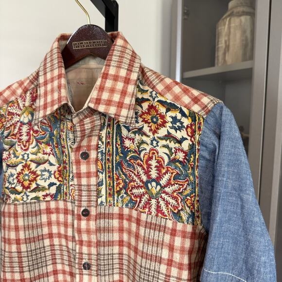 Todd Snyder SAMPLE Wool Chambray Patchwork Button Up Western LS Flannel Shirt S - Picture 2 of 5